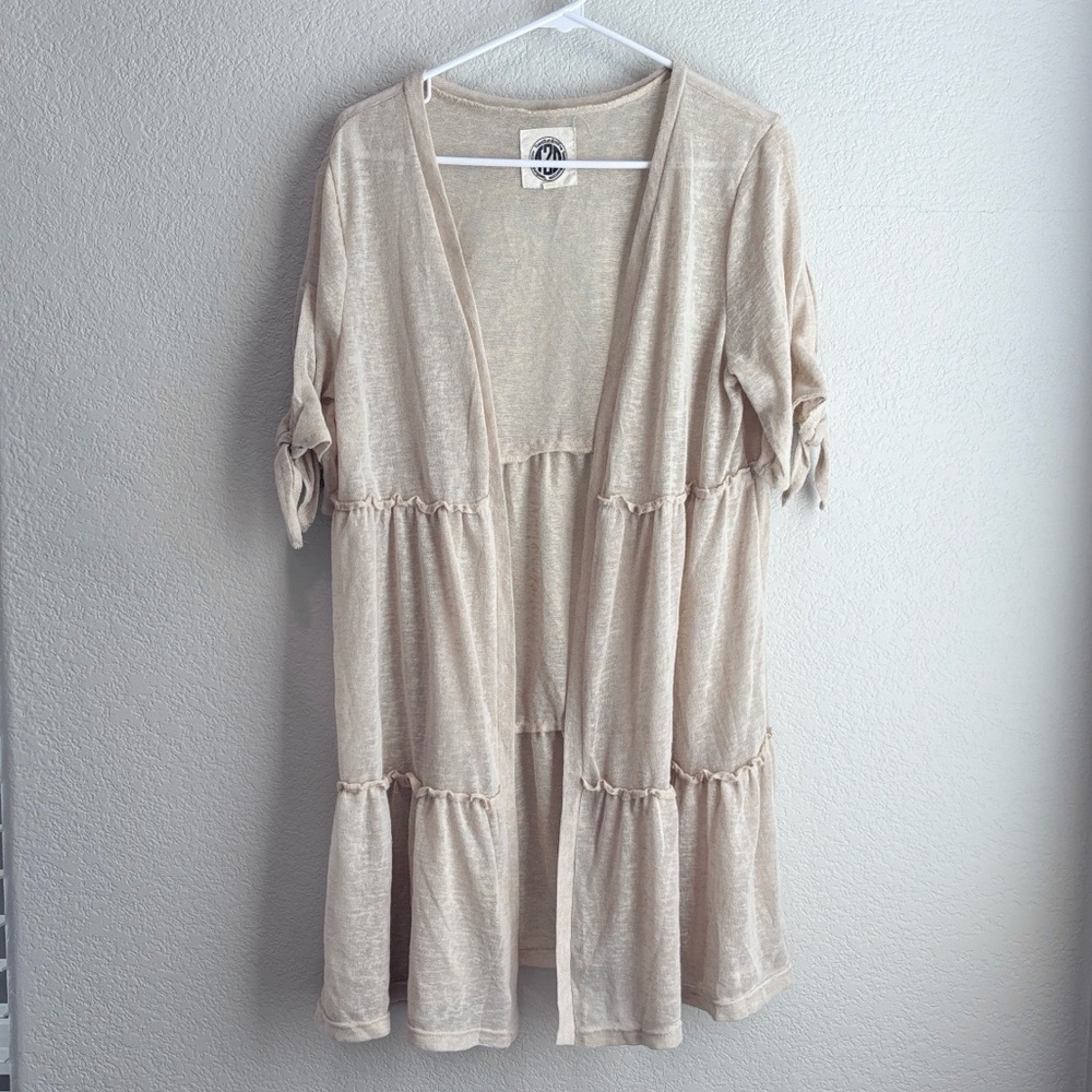 T2D Tiered Tie Short Sleeve Open Front Cardigan Oatmeal Tan Small Medium